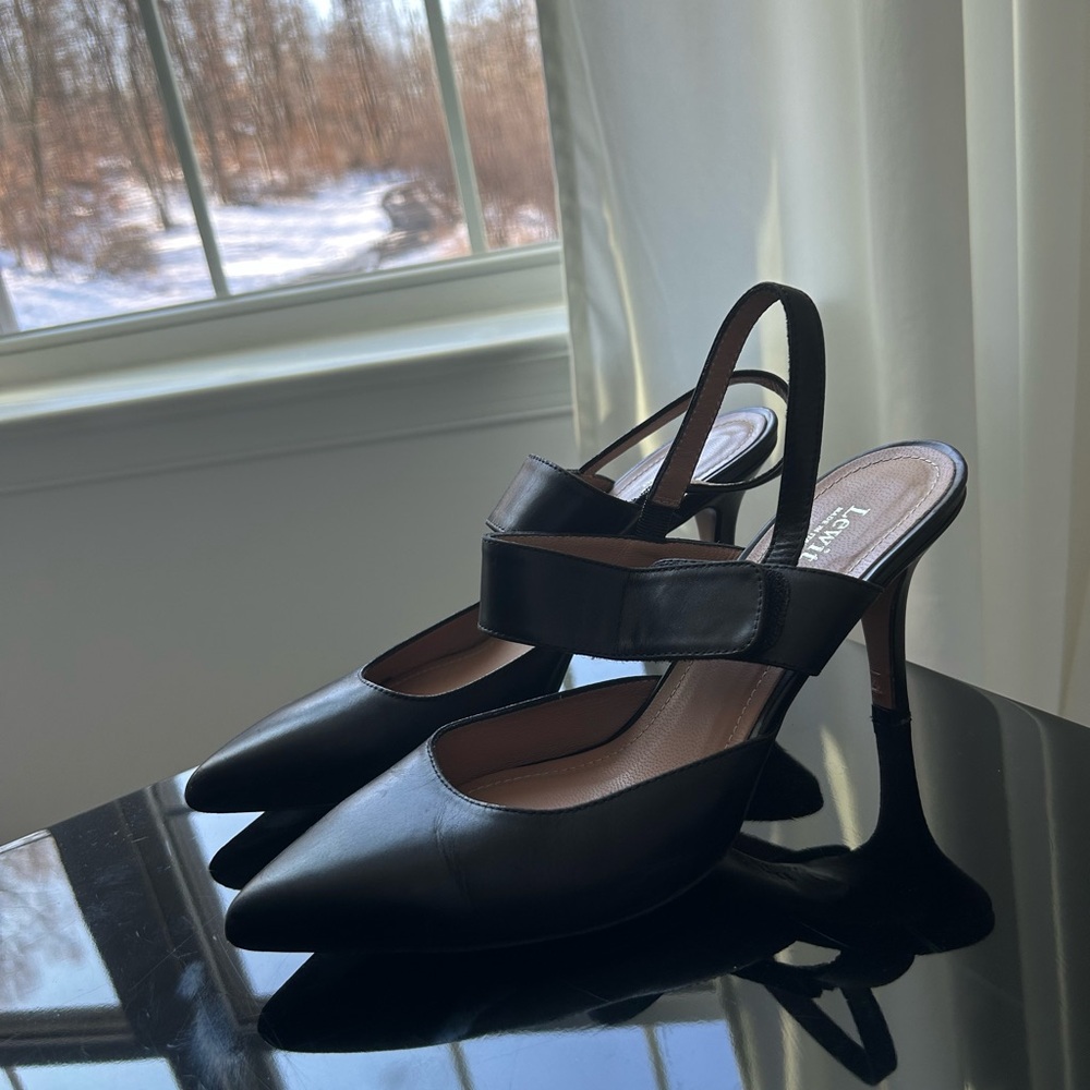 Lewit Viola Black Leather Point Toe Slingback, Women’s 38 / 7.5